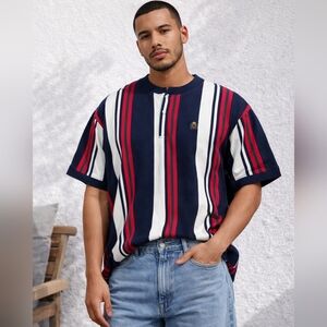 Hunt Club Men's Navy and Red Striped Vintage Casual Shirt Size XL